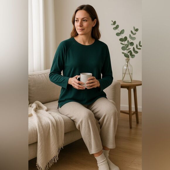 Eileen Fisher Green Raglan Sleeve Top Minimalist Organic Cotton Blend Medium - Picture 2 of 13